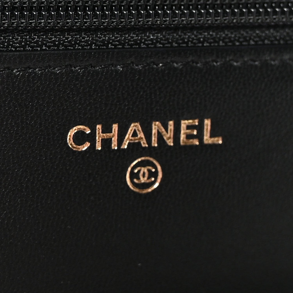 Chanel Lambskin Quilted Pearl Crown Wallet On Chain WOC Black