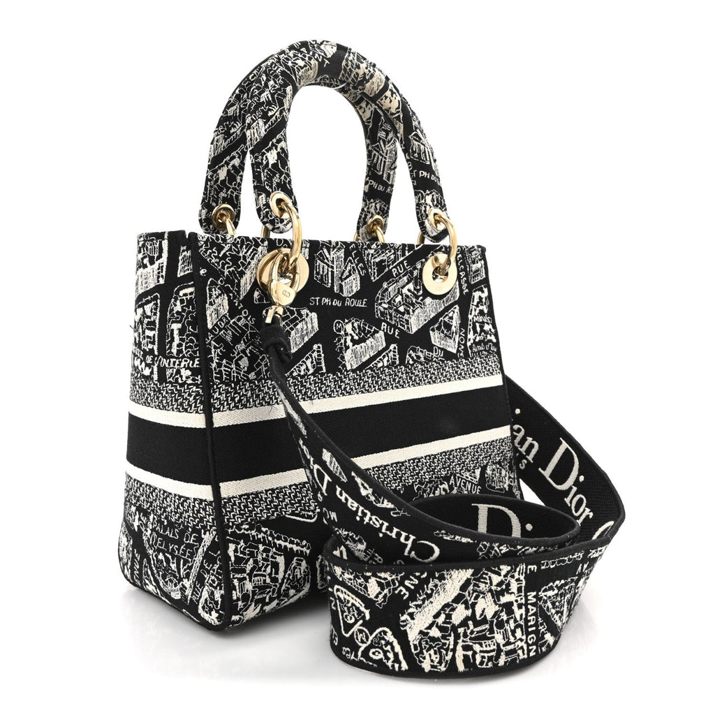 Christian Dior Canvas Embroidered Medium Plan de Paris Lady D-Lite Black White