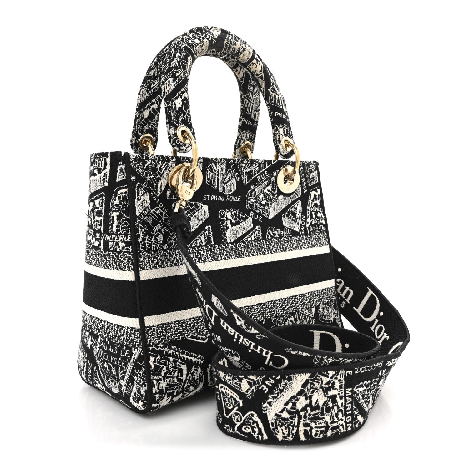 Christian Dior Canvas Embroidered Medium Plan de Paris Lady D-Lite Black White