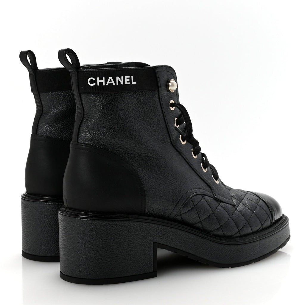Pearly Calfskin Patent Calfskin Lace Up Combat Boots 37 Black