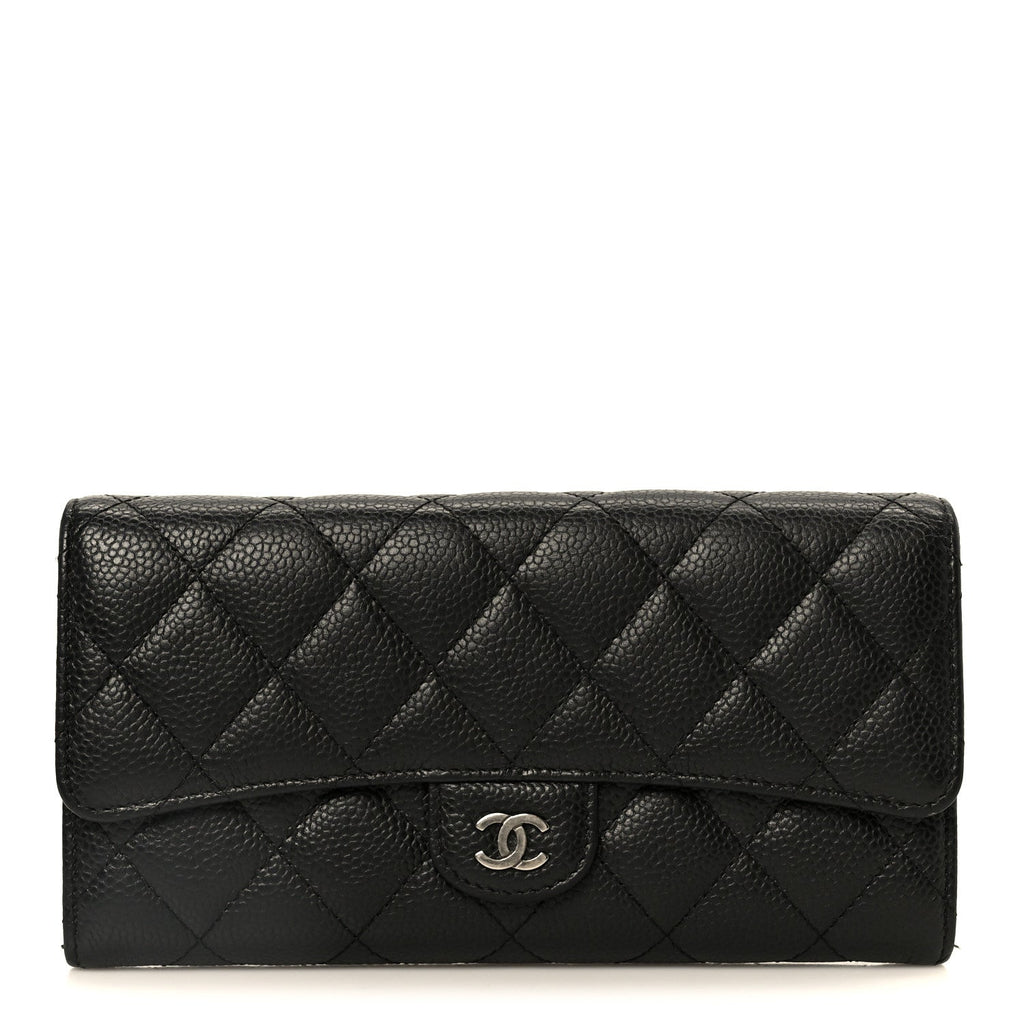 Caviar Quilted Large Gusset Flap Wallet Black