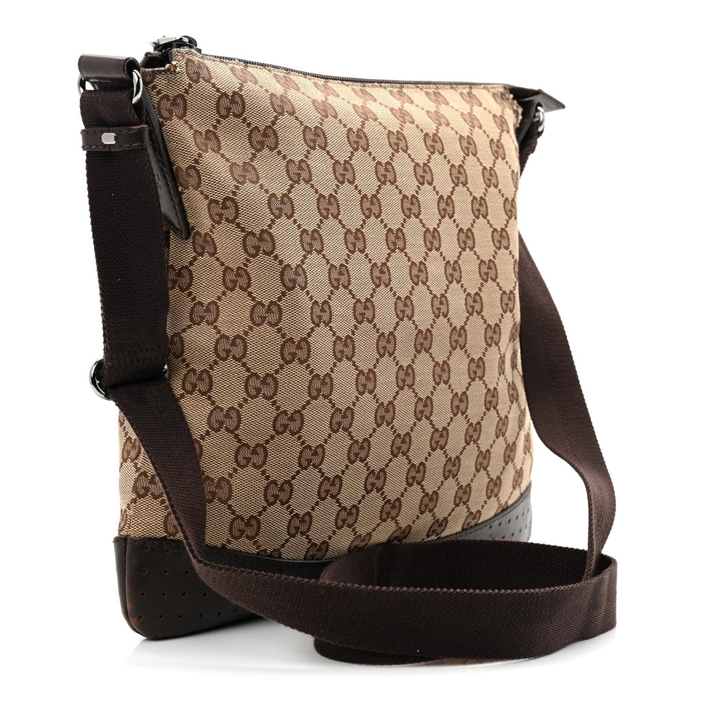 Gucci Monogram Calfskin Perforated Medium Flat Messenger Bag Dark Brown