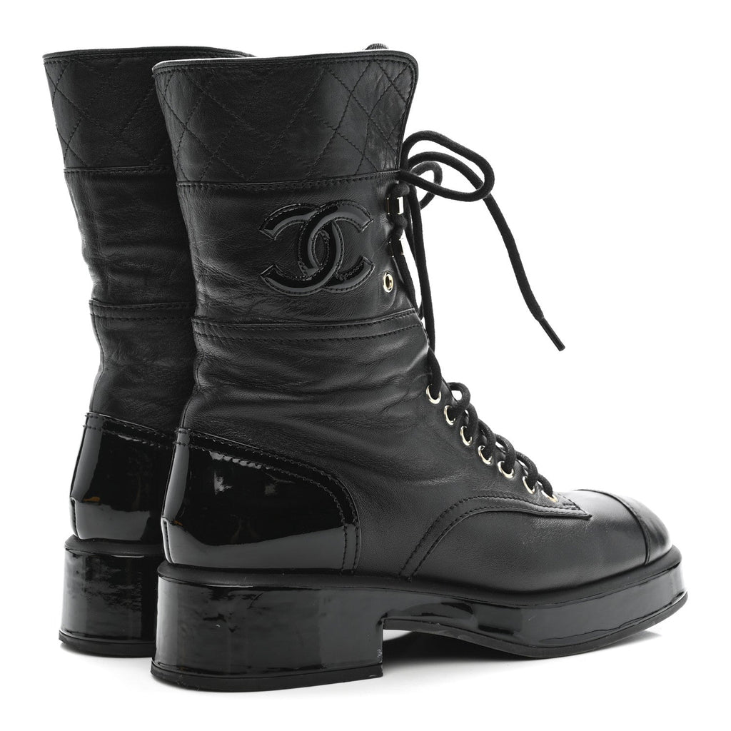 Lambskin Patent Calfskin Quilted CC Lace Up Combat Boots 37 Black