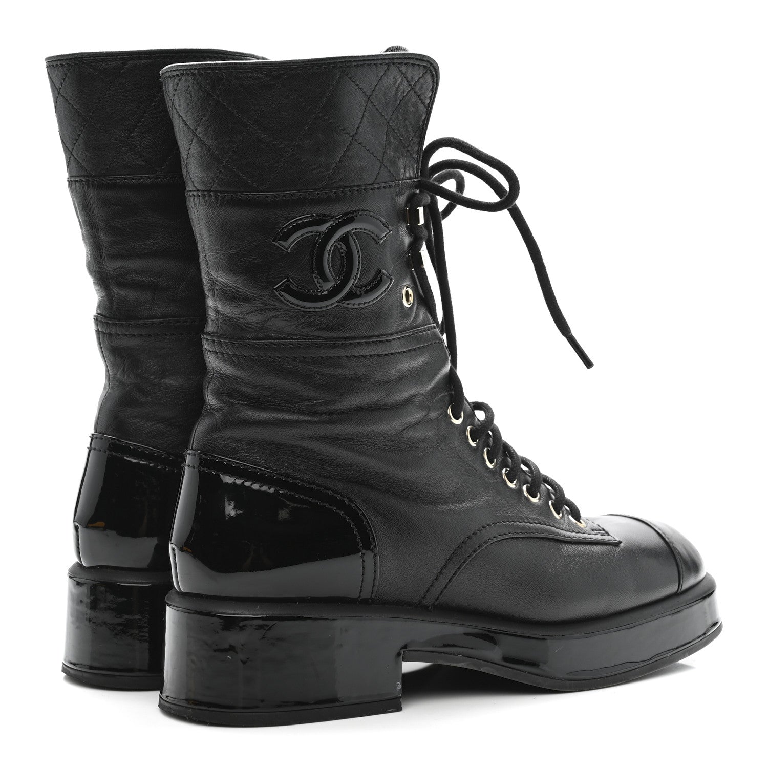 Lambskin Patent Calfskin Quilted CC Lace Up Combat Boots 37 Black