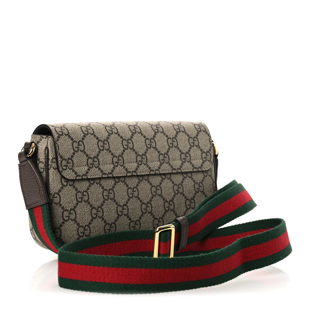 Gucci GG Supreme Monogram Textured Dollar Calfskin Web Mini Ophidia Envelope Shoulder Bag Beige Ebony New Acero