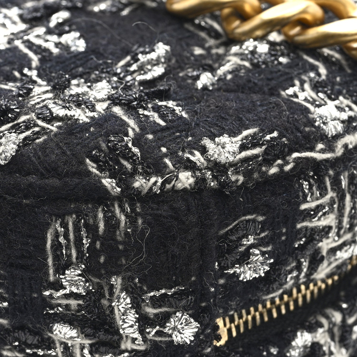 Chanel Tweed Quilted 19 Round Clutch With Chain Black White
