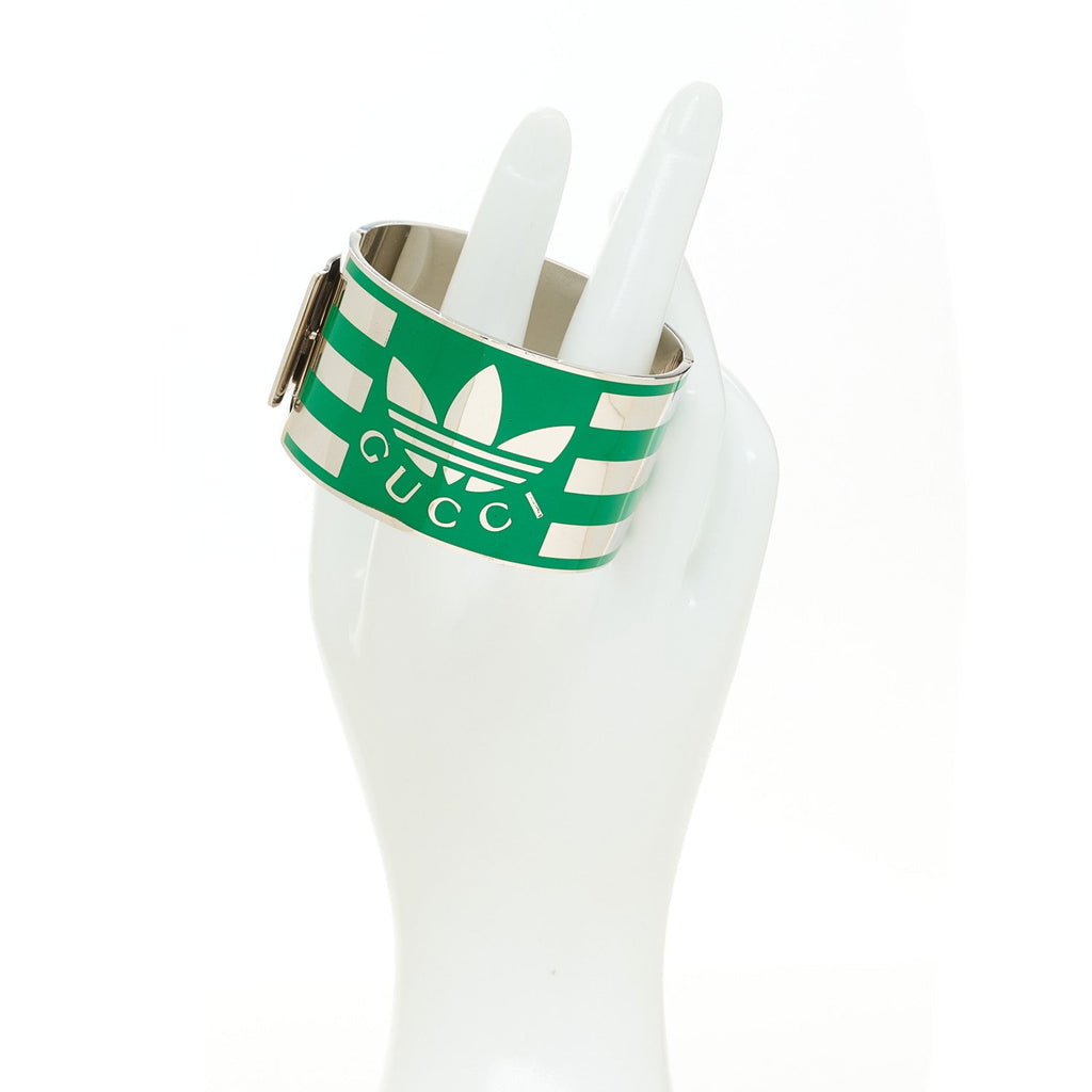 Gucci X ADIDAS Metal Enamel Cuff Bracelet S Silver Green