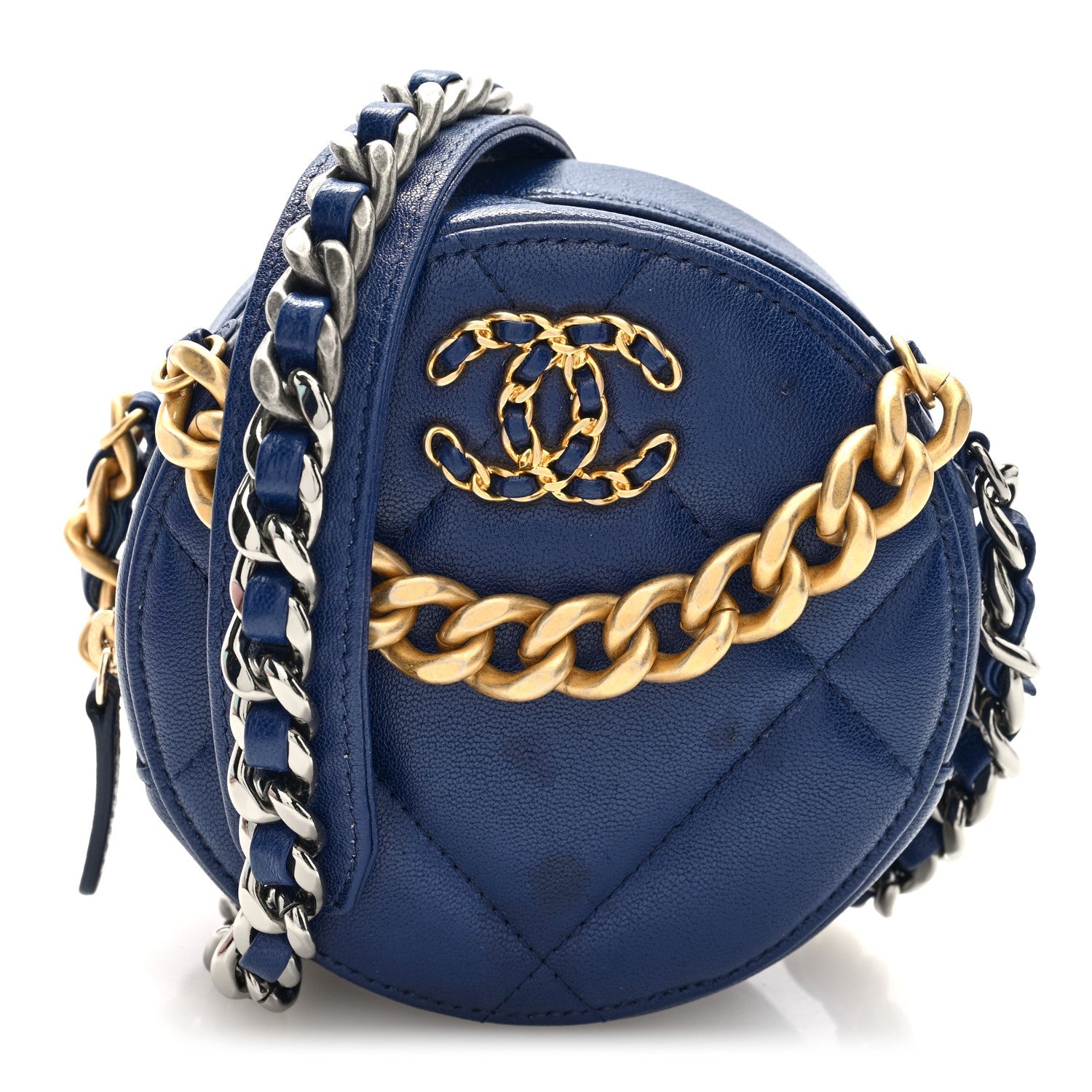 Chanel Lambskin Quilted Chanel 19 Round Clutch With Chain  Navy