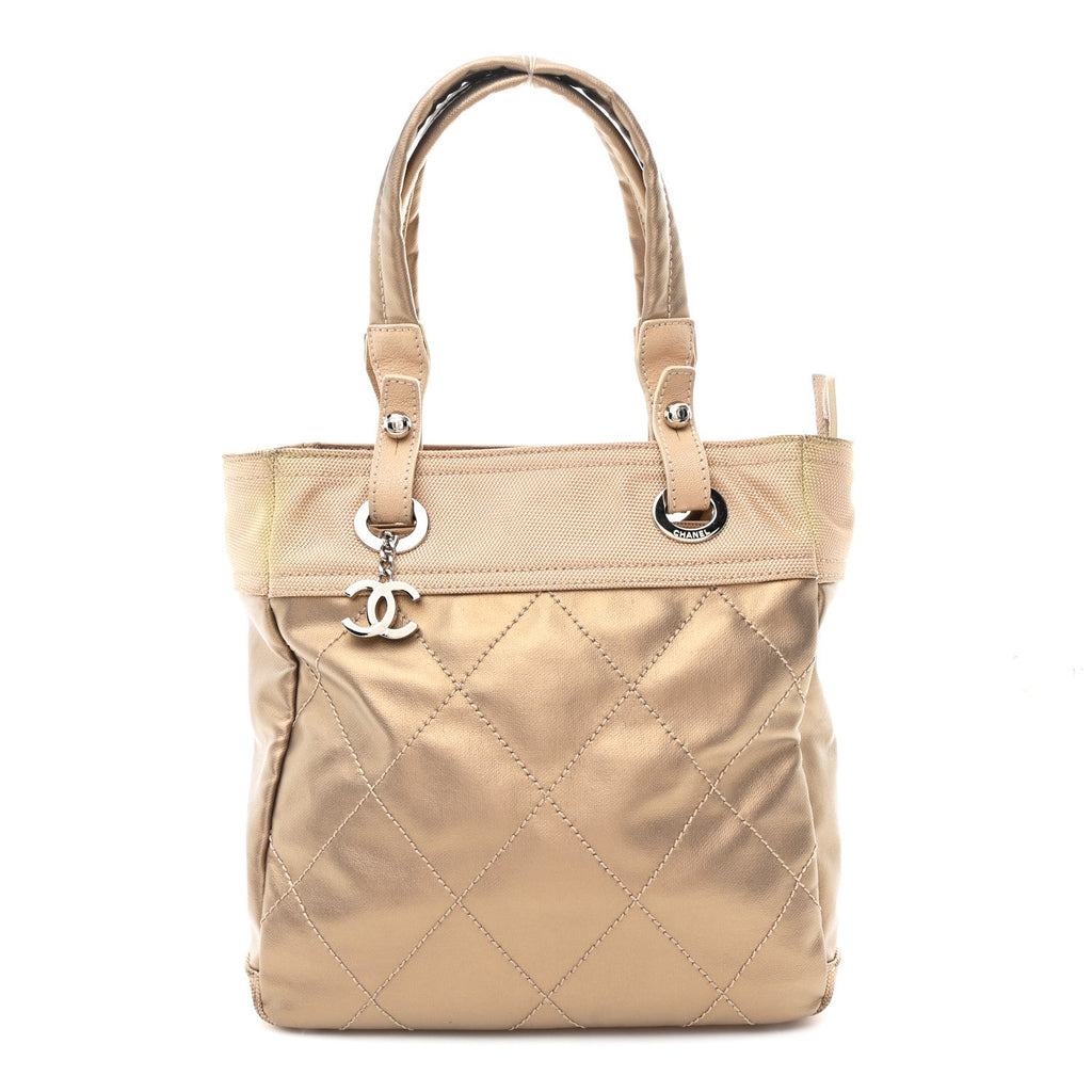 Chanel Metallic Coated Canvas Quilted Small Paris Biarritz Tote Gold