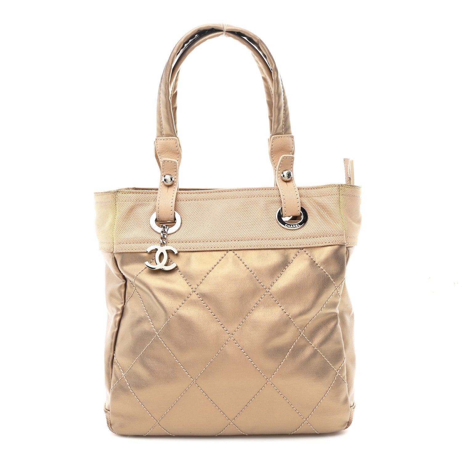 Chanel Metallic Coated Canvas Quilted Small Paris Biarritz Tote Gold