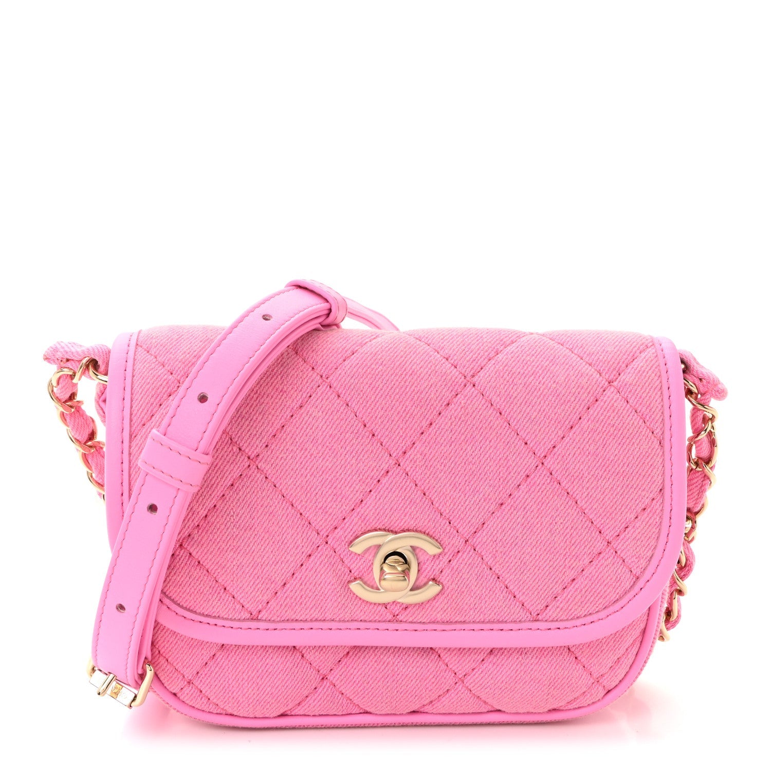 Chanel Denim Quilted Mini Messenger Flap Neon Pink