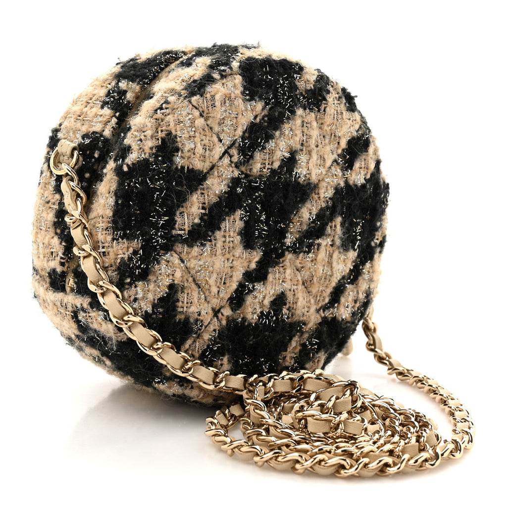 Chanel Tweed Shearling Round Clutch With Chain and Coin Purse Beige Black