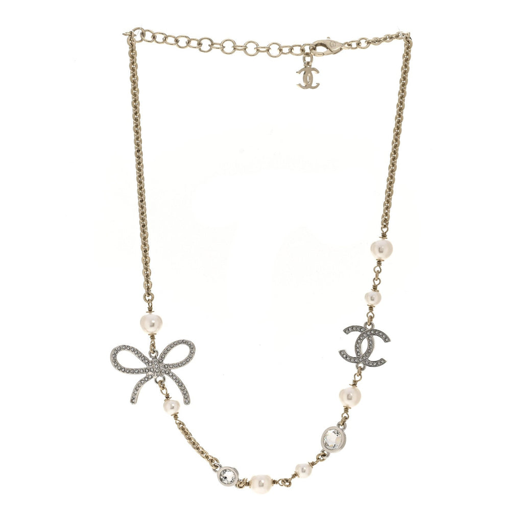 Pearl Crystal CC Bow Necklace Gold