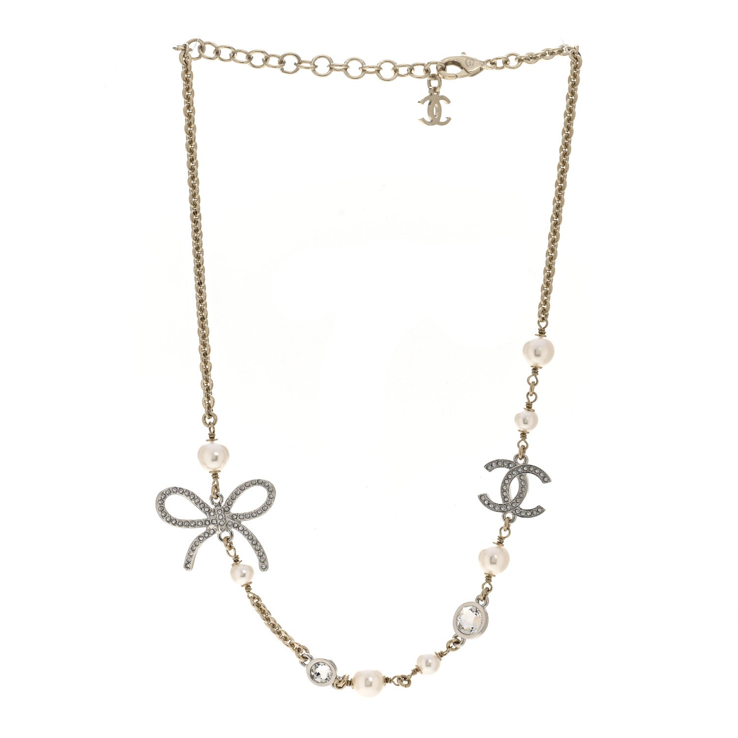 Pearl Crystal CC Bow Necklace Gold