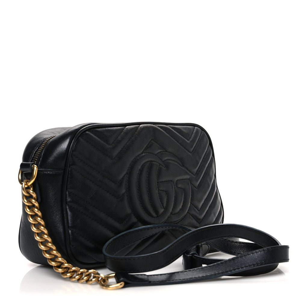 Gucci Calfskin Matelasse Small GG Marmont Chain Shoulder Bag Black
