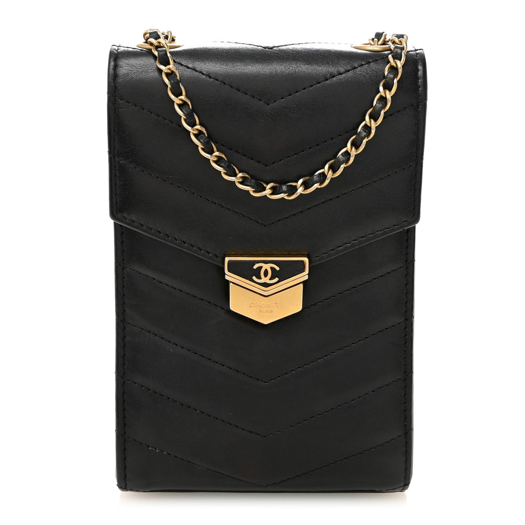 Calfskin Chevron Quilted Medal Mini Clutch With Chain  Black