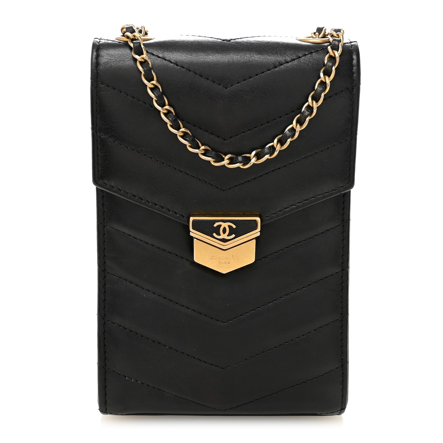 Calfskin Chevron Quilted Medal Mini Clutch With Chain  Black