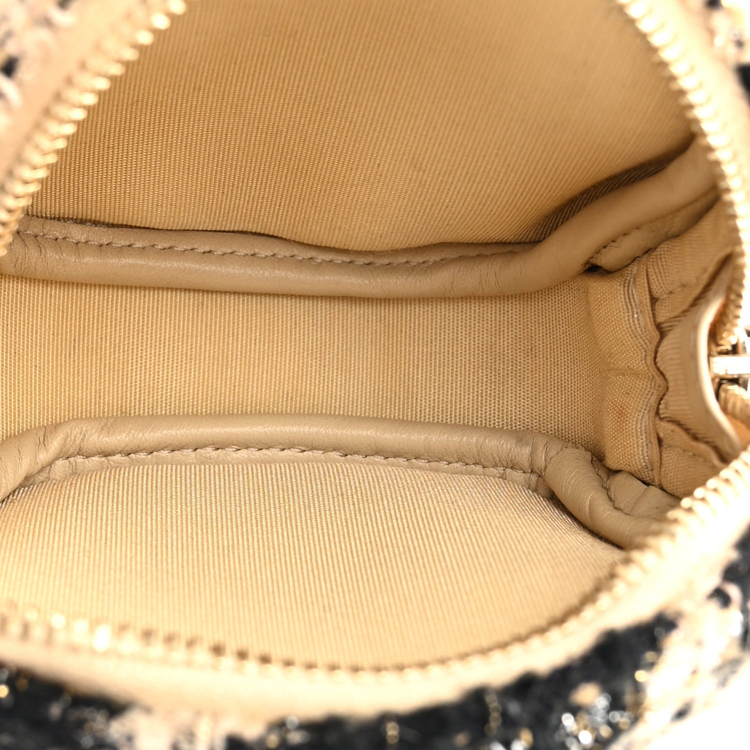 Chanel Tweed Shearling Round Clutch With Chain and Coin Purse Beige Black