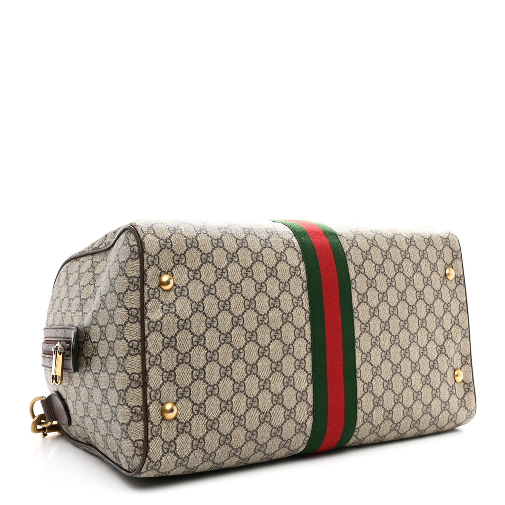 Gucci GG Supreme Monogram Textured Dollar Calfskin Web Medium Ophidia Carry-On Duffle Bag Beige Ebony New Acero
