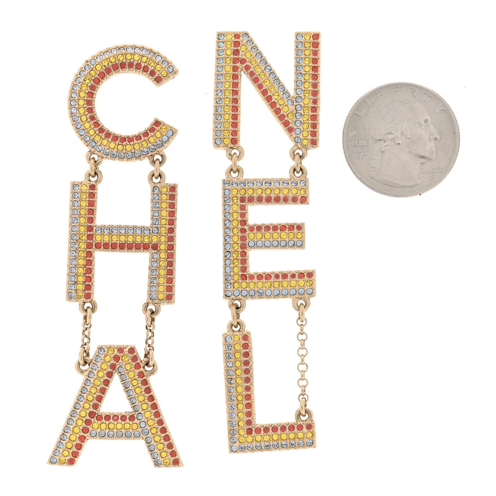 Metal Crystal Rainbow Cha-Nel Logo Drop Earrings Multicolor Gold