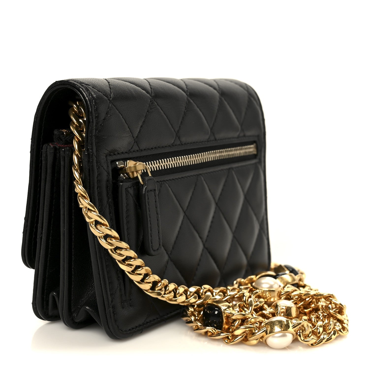 Chanel Lambskin Quilted CC Pearl Enamel Clutch on Chain WOC Black