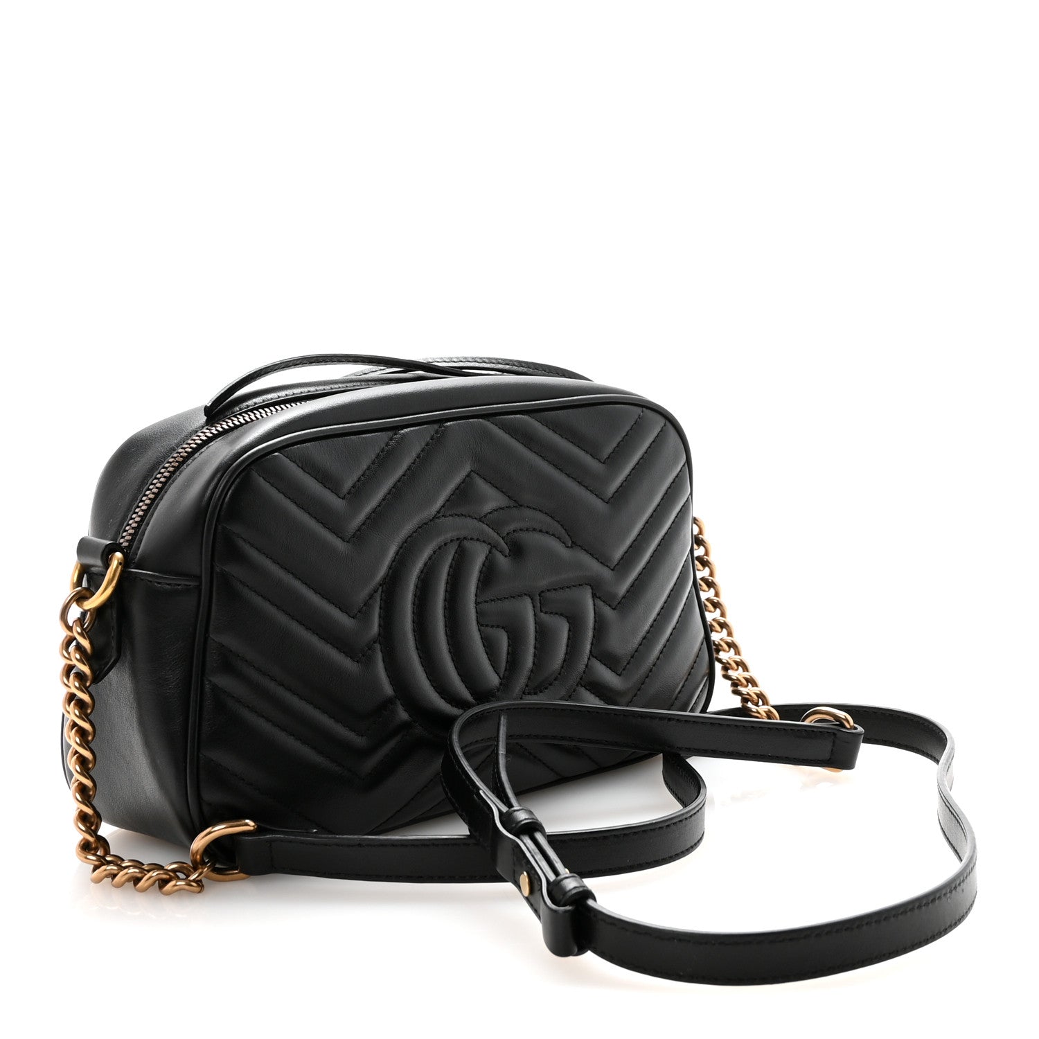 Gucci Calfskin Matelasse Small GG Marmont Chain Shoulder Bag Black