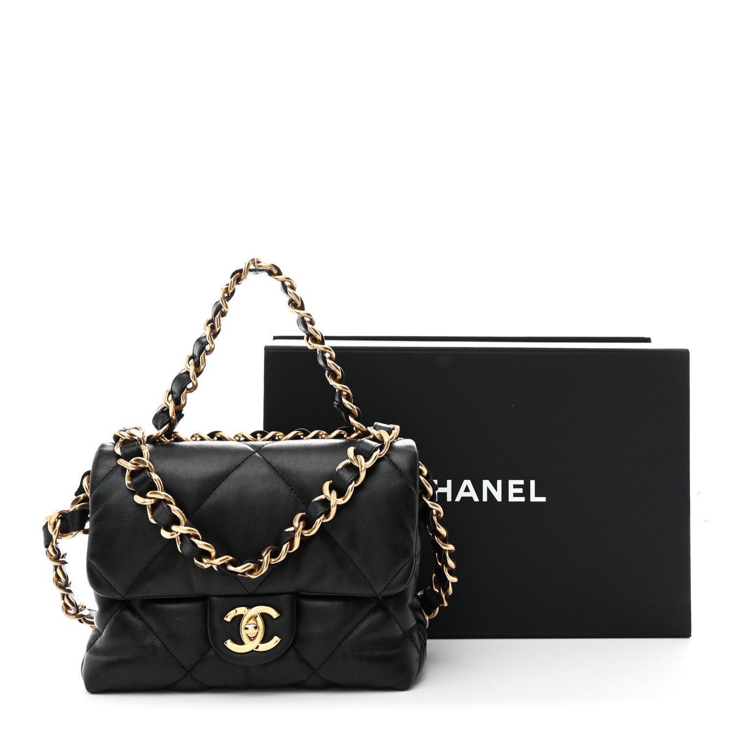 Chanel Lambskin Quilted Small Chain Top Handle Flap Black