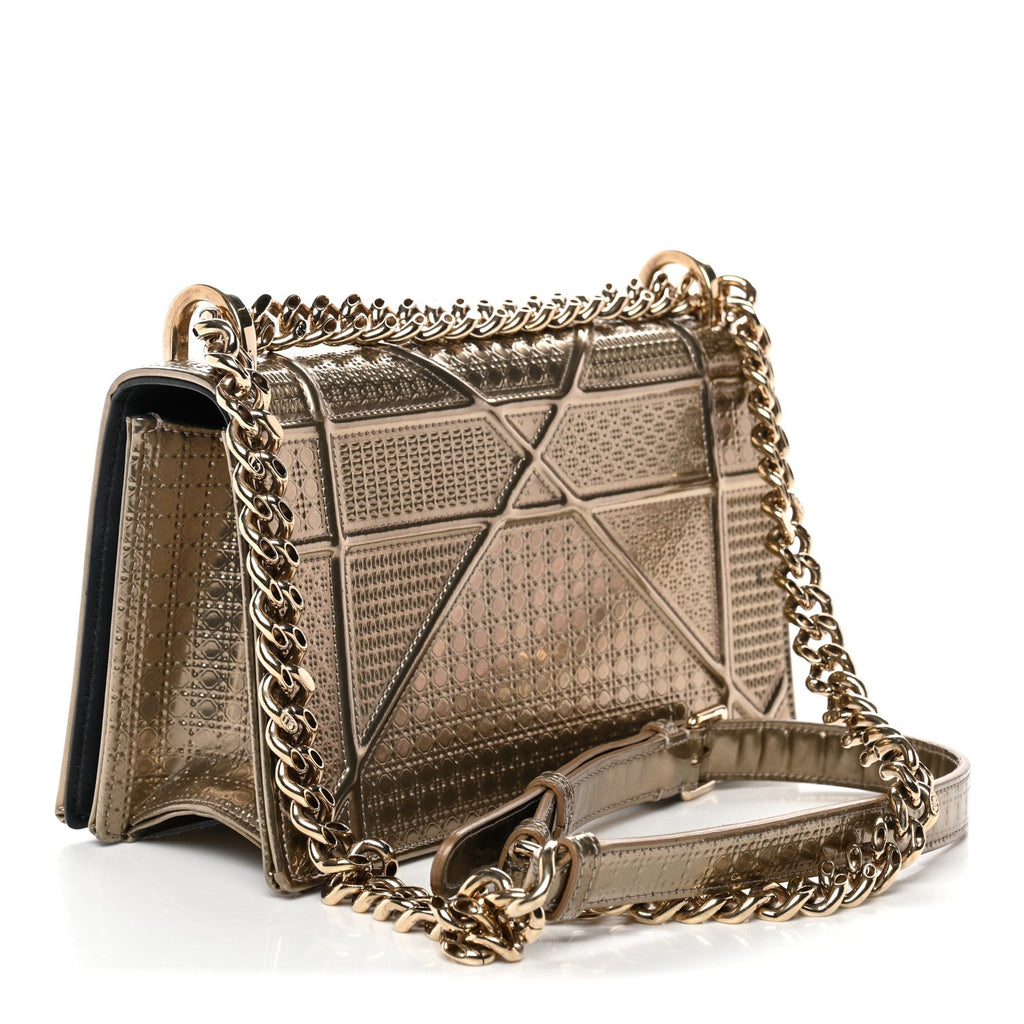 Christian Dior Metallic Patent Micro-Cannage Small Diorama Flap Bag Gold