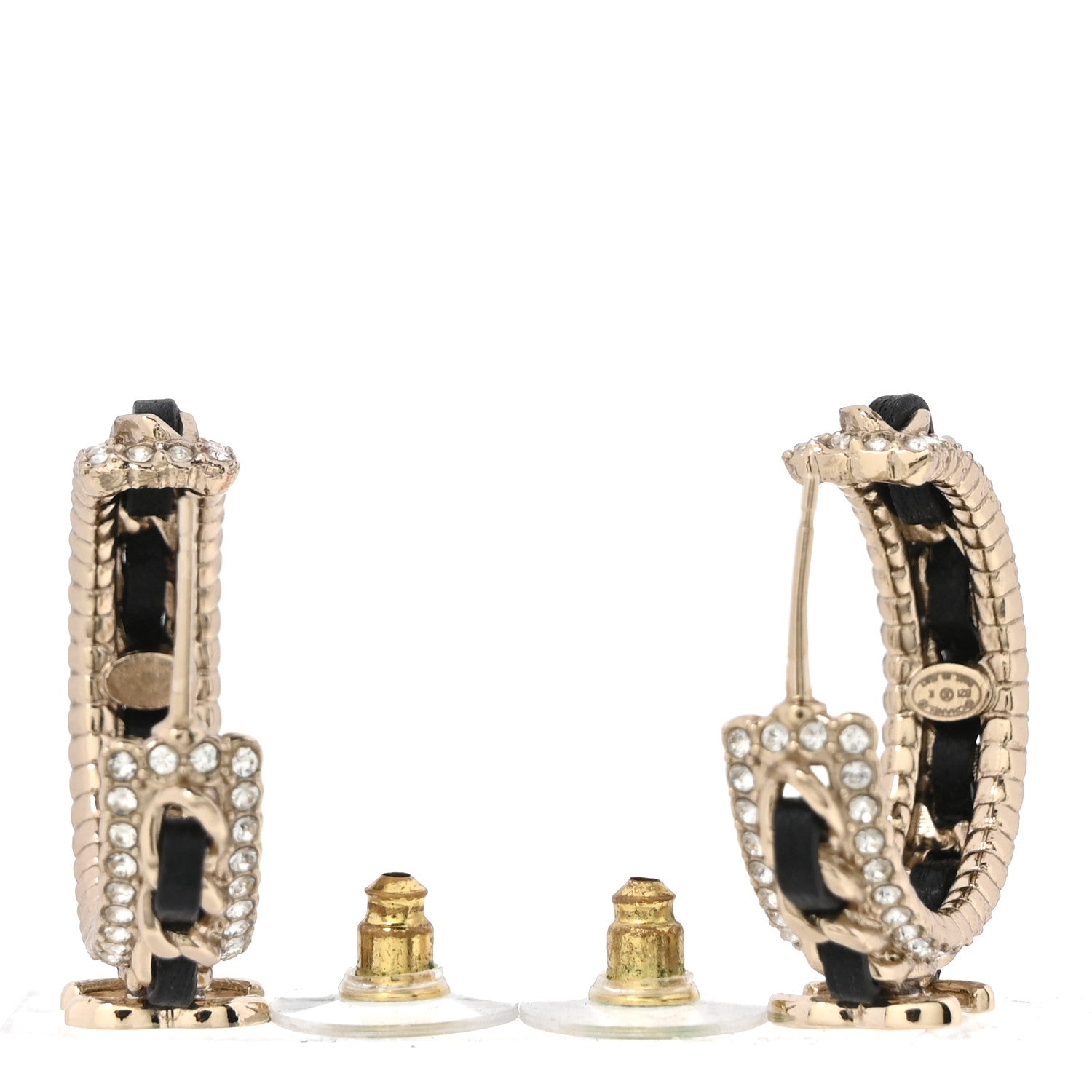Lambskin Crystal Chain Chanel Strass CC Earrings Black Gold