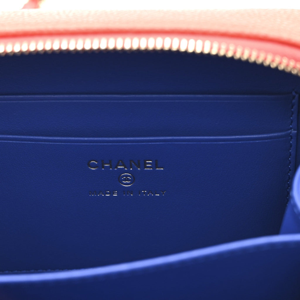 Chanel Caviar Quilted Filigree Vanity Clutch With Chain Blue White Red