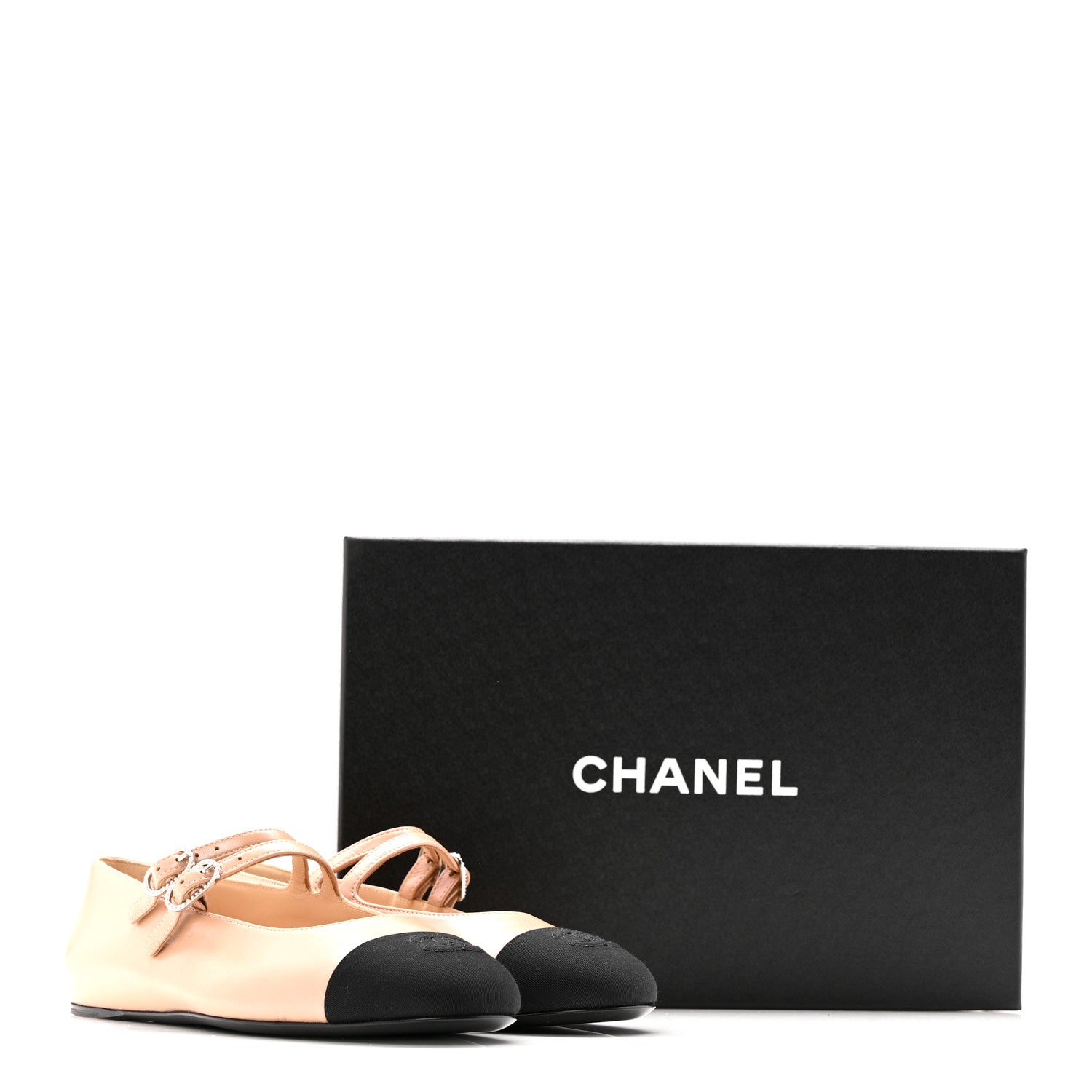 Lambskin Grosgrain Pearl Mary Jane Flats 38.5 Beige Black