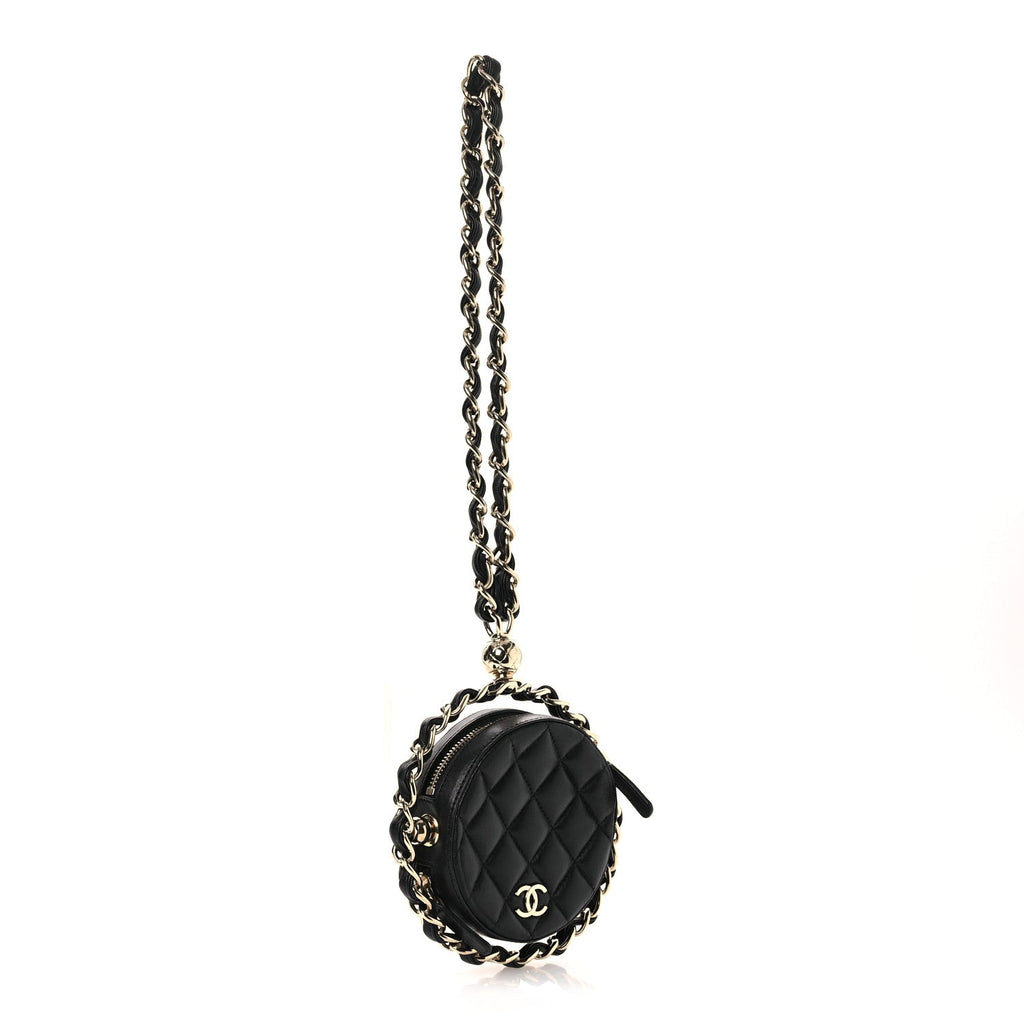 Chanel Lambskin Quilted Chain Round Mini Clutch Black