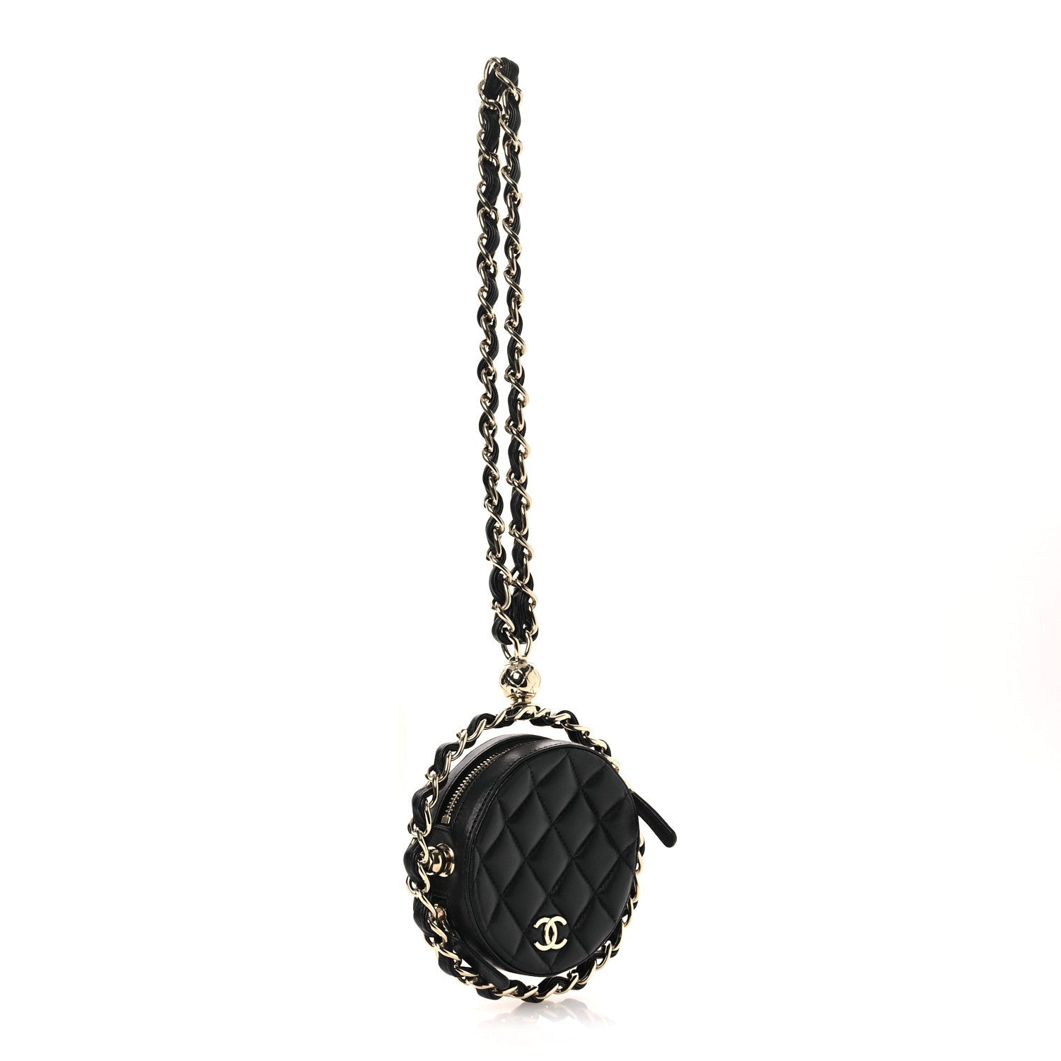 Chanel Lambskin Quilted Chain Round Mini Clutch Black