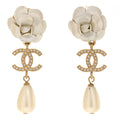 Metal Crystal Pearl 90s Camellia CC Drop Earrings Gold