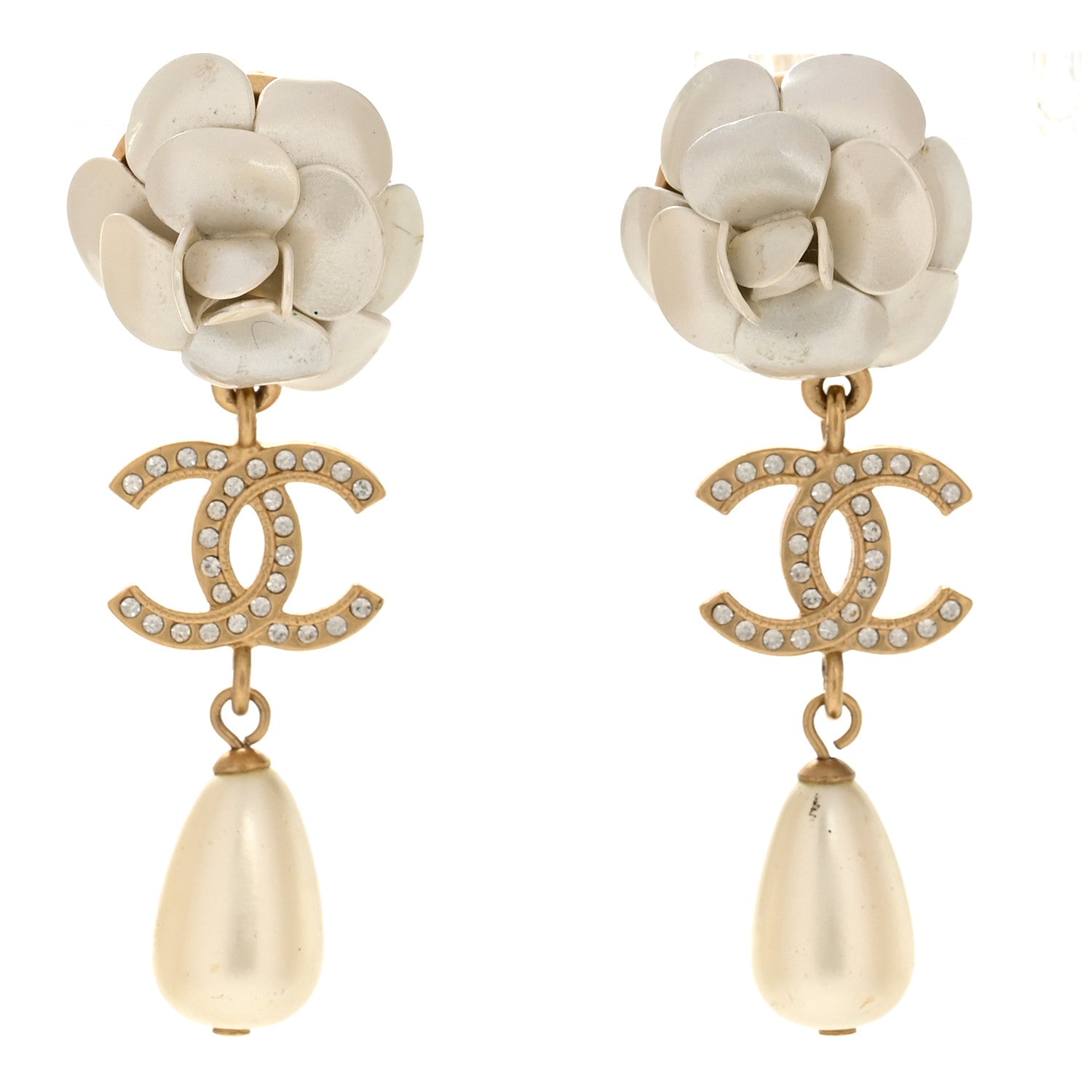 Metal Crystal Pearl 90s Camellia CC Drop Earrings Gold