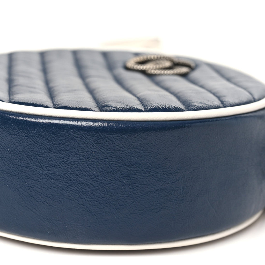 Gucci Azalea Calfskin Matelasse Diagonal Mini Torchon GG Marmont Round Shoulder Bag Blue Agata Mystic White