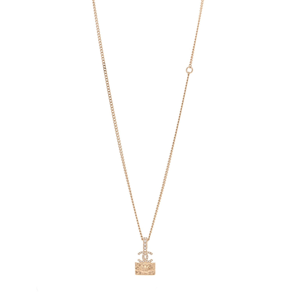Metal Crystal Quilted Flap Bag Necklace Gold