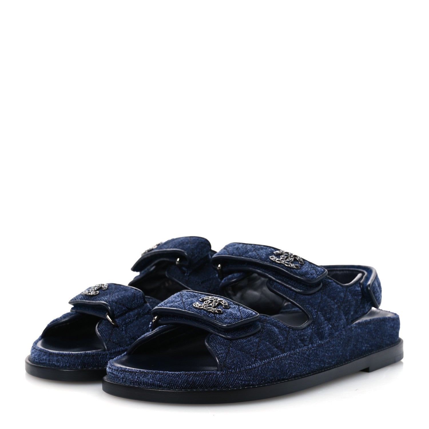 Chanel Velvet Velcro Dad Sandals 37.5 Blue