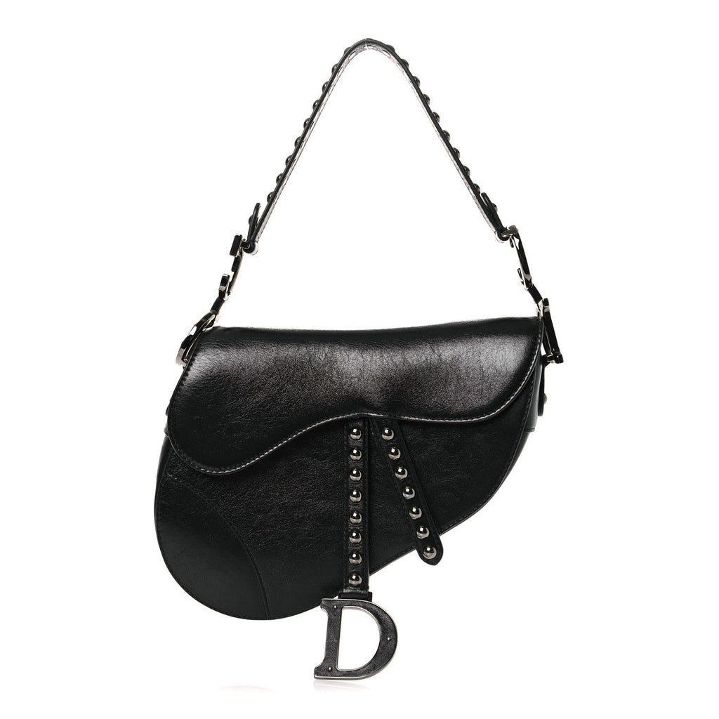 Christian Dior Shiny Crinkled Calfskin Studded Saddle Bag Black