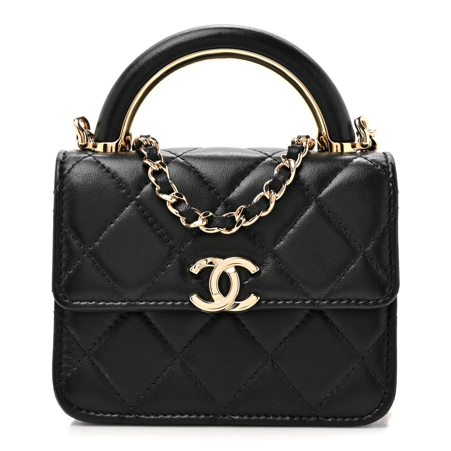Chanel Lambskin Quilted Top Handle Flap Clutch With Chain Black