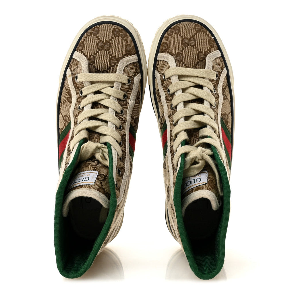 Gucci GG Monogram Web Womens 1977 Tennis High Top Sneakers 37 Beige Ebony Mystic White