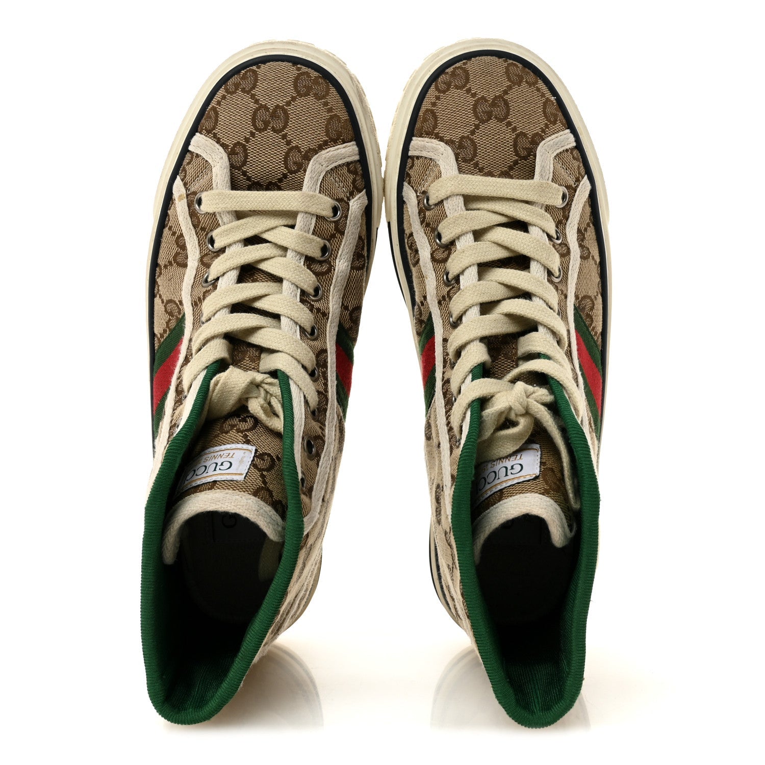 Gucci GG Monogram Web Womens 1977 Tennis High Top Sneakers 37 Beige Ebony Mystic White