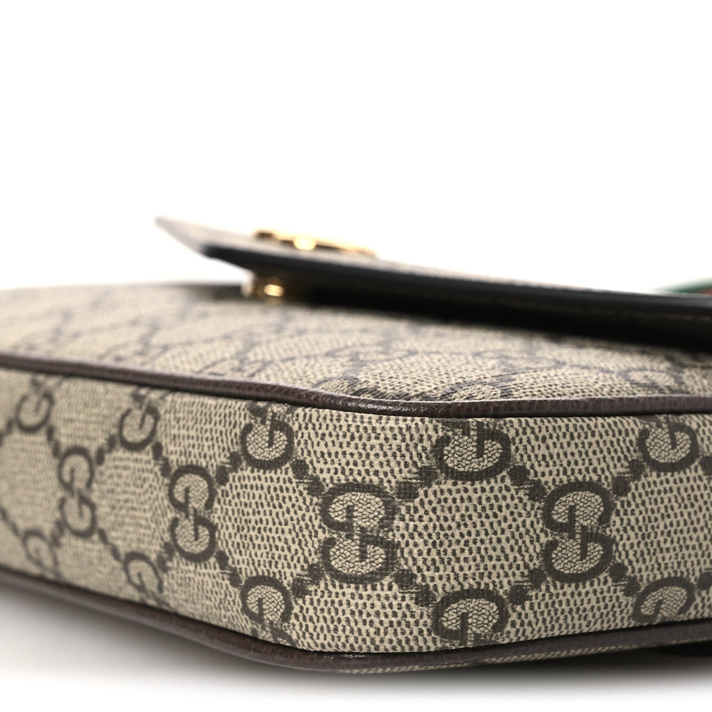 Gucci GG Supreme Monogram Textured Dollar Calfskin Web Mini Ophidia Envelope Shoulder Bag Beige Ebony New Acero