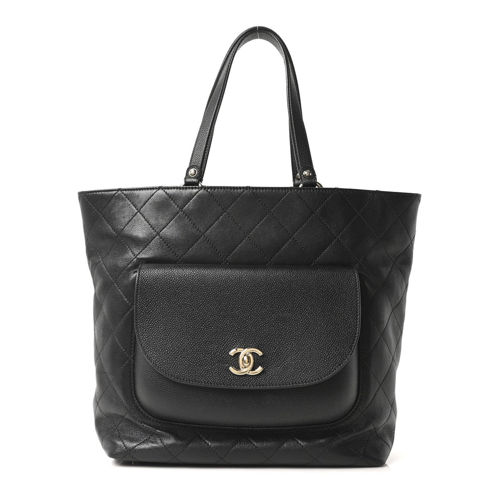 Chanel Sheepskin Caviar Quilted Medium Shopping Tote Black