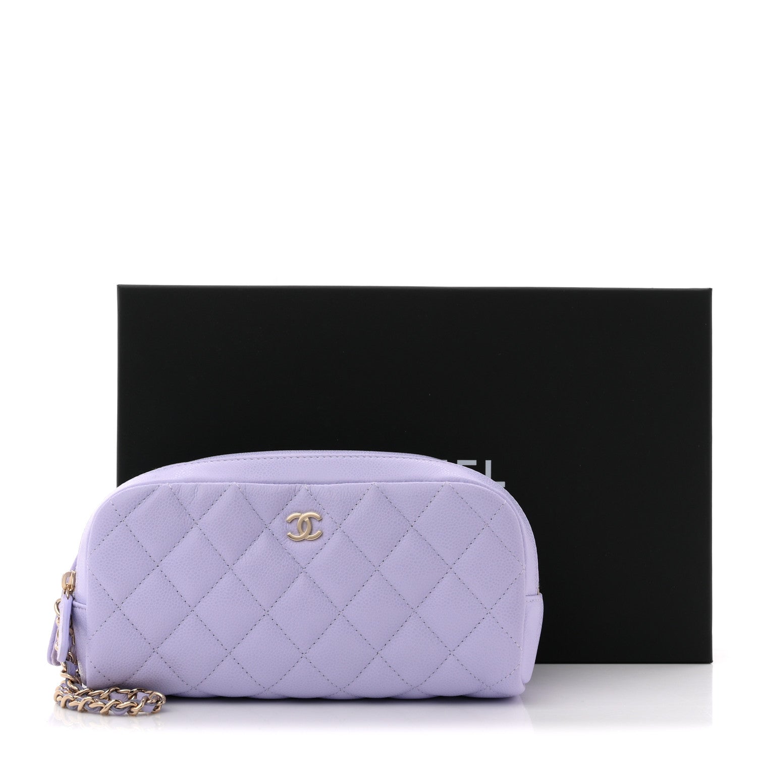 Chanel Caviar Quilted Toiletry Case With Chain Light Purple