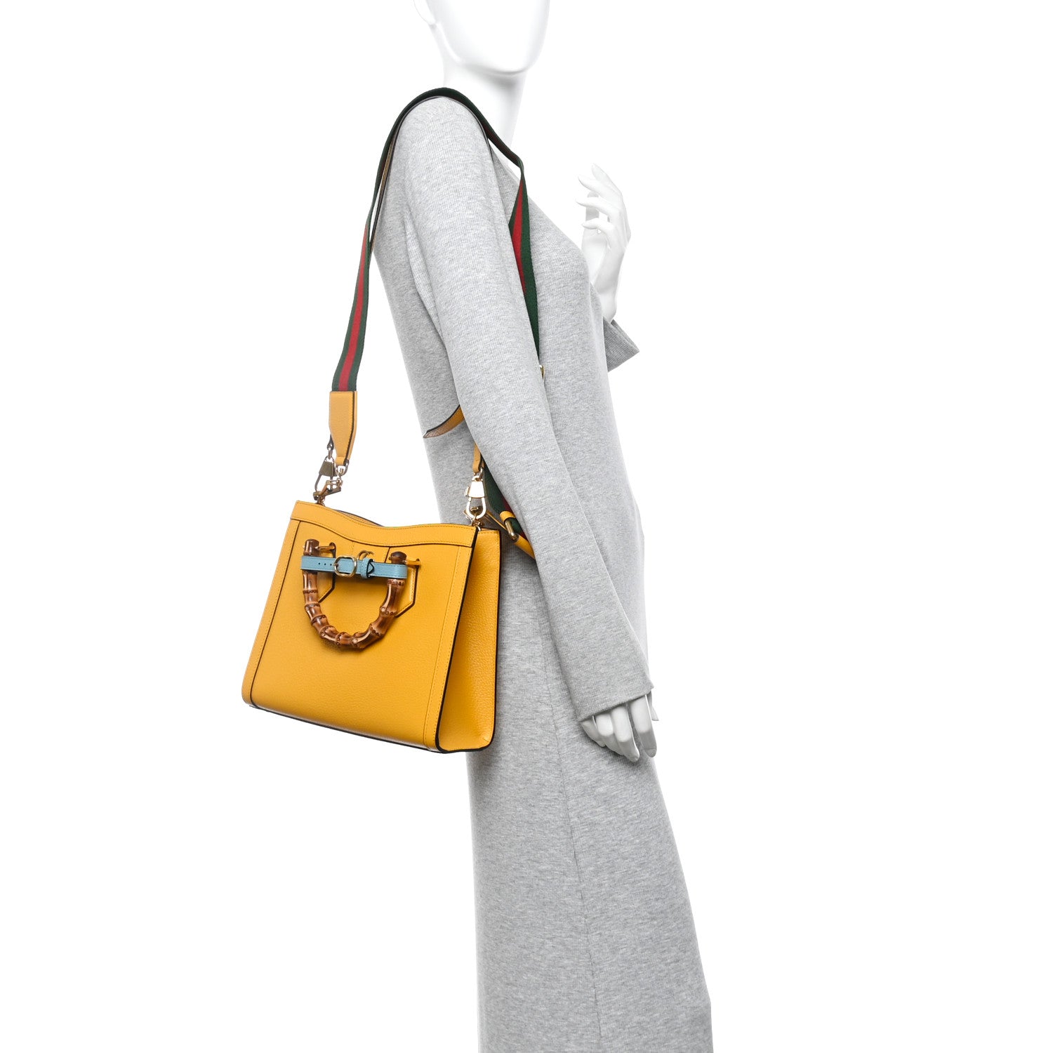 Gucci Textured Dollar Calfskin Web Small Diana Tote Bag Yellow Dusty Azure