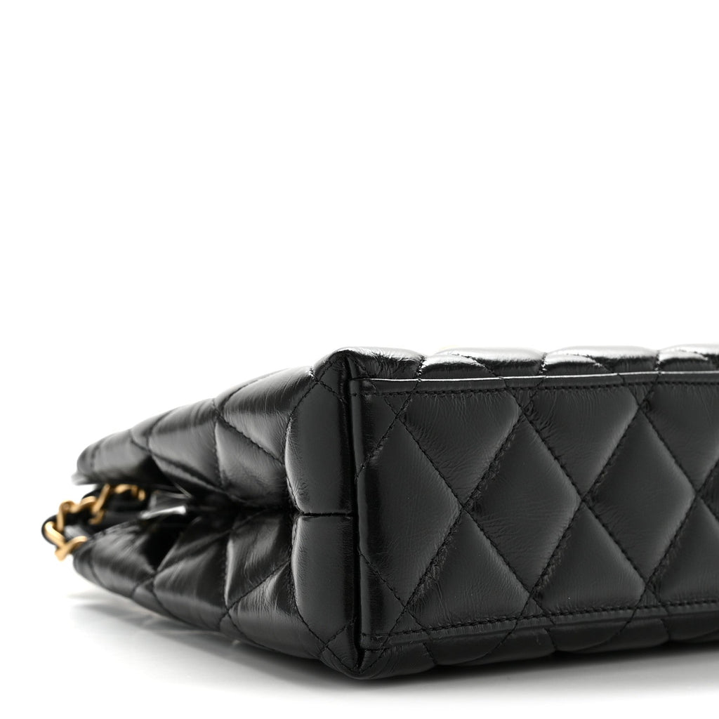 Chanel Shiny Aged Calfskin Quilted Nano Kelly Shopper Black