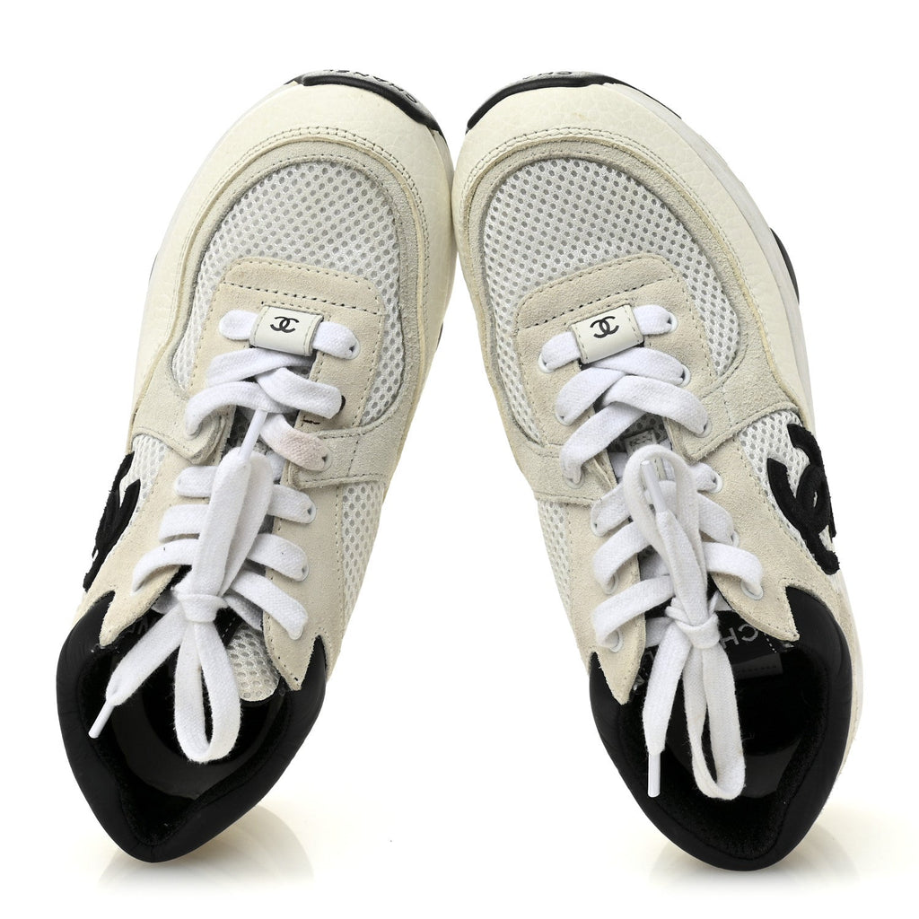 Mesh Suede Grained Calfskin Womens CC Sneakers 37 White Black