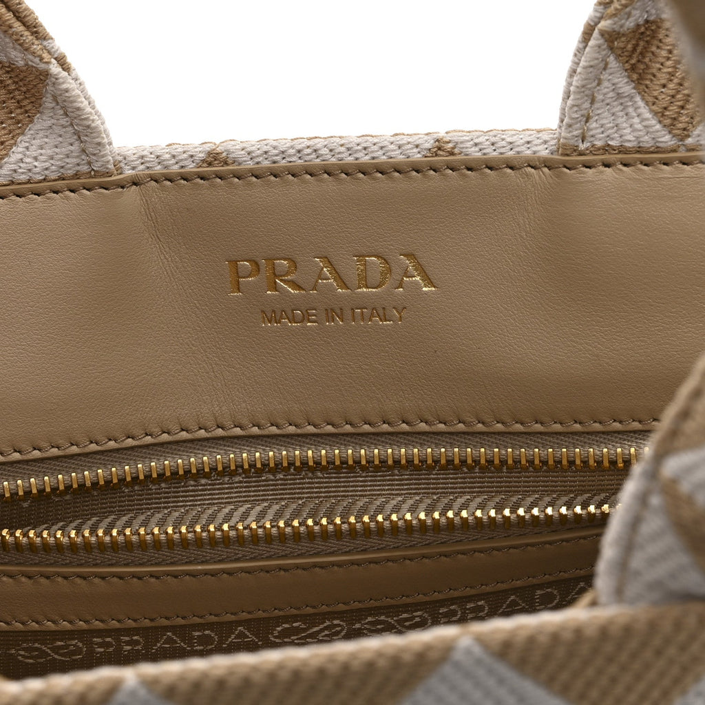 Prada Jacquard Saffiano Triangolo Symbole Embroidered Small Tote Corda Talco
