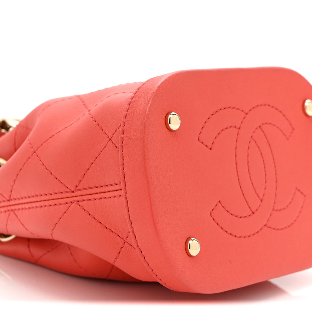 Chanel Calfskin Stitched Chain Bucket Bag Coral